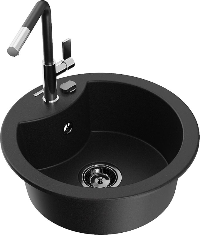 Zlewozmywak granitowy Mexen Diego 1-komorowy z baterią kuchenną Flora czarny 6512-77-670401-07-B