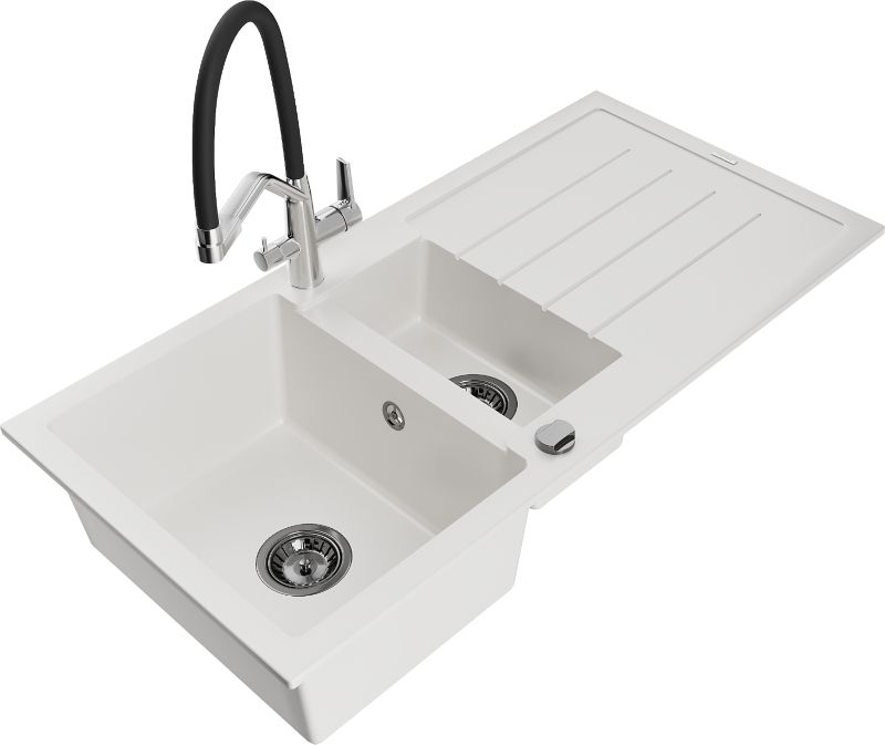 Zlewozmywak granitowy Mexen Andres 1,5-komorowy z ociekaczem i baterią kuchenną Duo biały 6515-20-671701-07-B