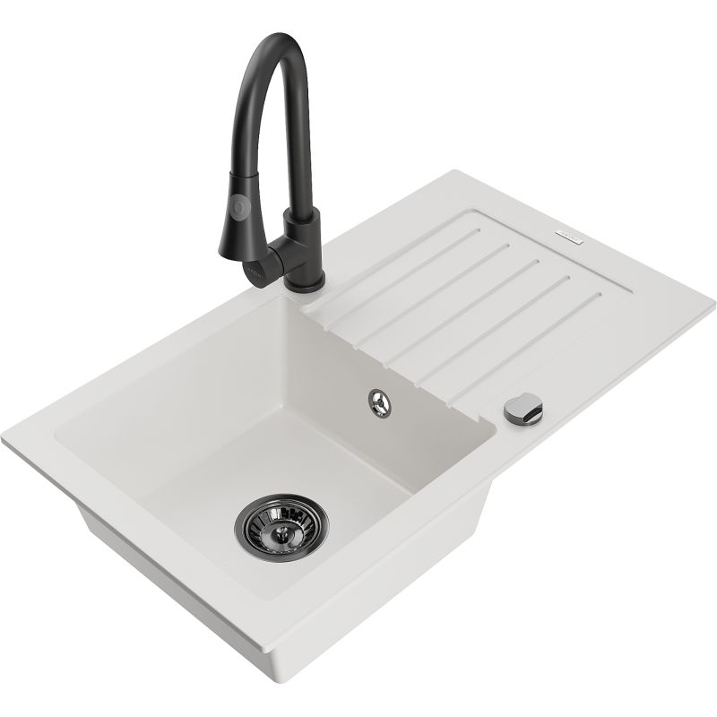 Zlewozmywak granitowy 1-komorowy Mexen Pablo z ociekaczem i baterią kuchenną Elia czarny - 6510-77-670101-70 1 szt.