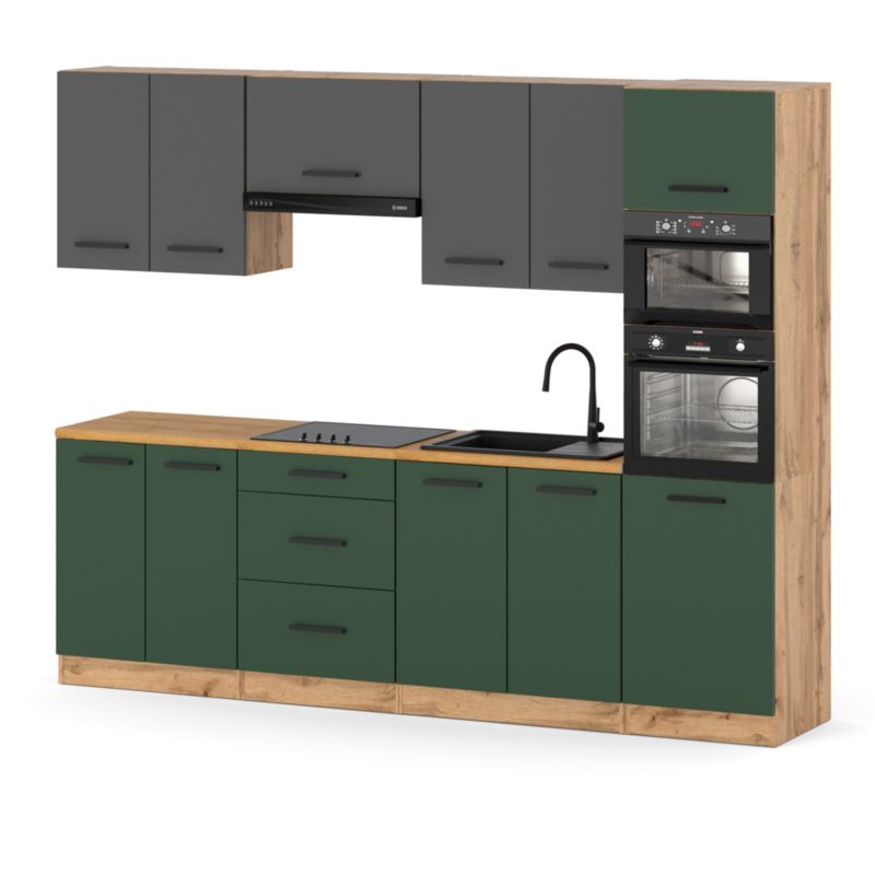 Zestaw Kuchenny Hurtownia-Mebli Z Blatem Kuchnia Marra 260cm Dąb Wotan Szary Mat/Butelkowa Zieleń 260x47x217 cm 1szt.