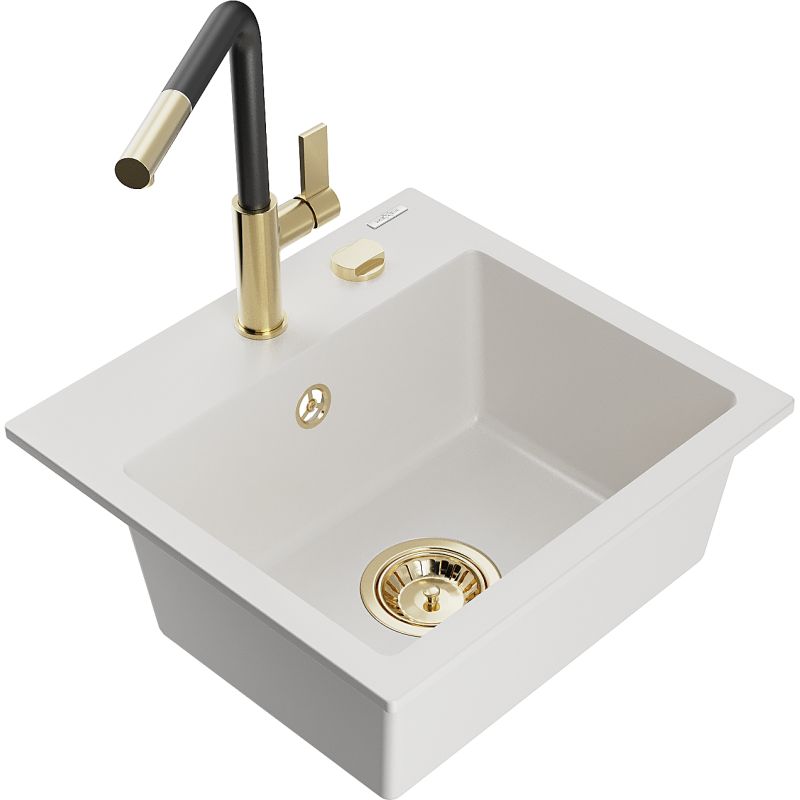 Zlewozmywak granitowy 1-komorowy Mexen Milo z baterią kuchenną Flora biały 6505-20-670401-57-G