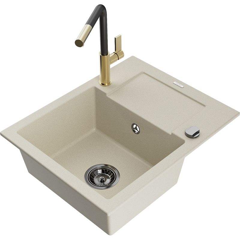 Zlewozmywak granitowy 1-komorowy Mexen Enzo z ociekaczem i baterią kuchenną Flora beżowy - 6506-69-670401-09 1 szt.
