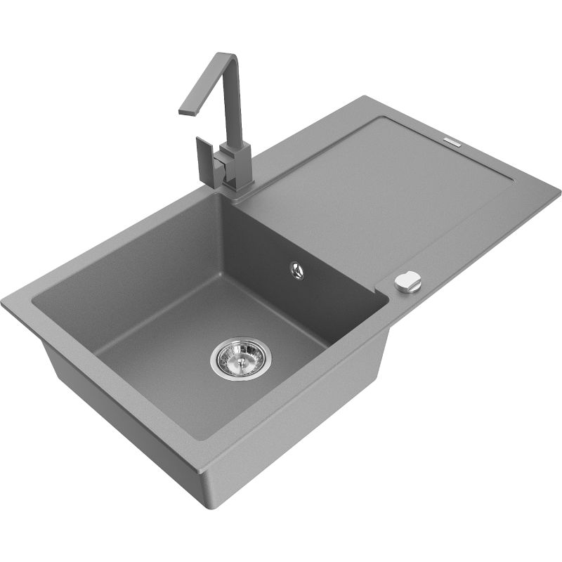 Zlewozmywak granitowy 1-komorowy Mexen Leo z ociekaczem i baterią kuchenną Savita czarny - 6501-77-672601-00 1 szt.