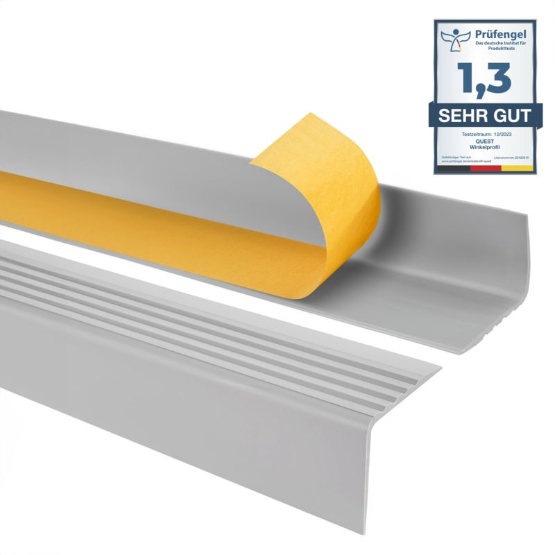 Profil schodowy PCV 50x42mm, QUEST, samoprzylepny antypoślizgowy nosek schodowy, RGP, jasnoszary, 1.8m