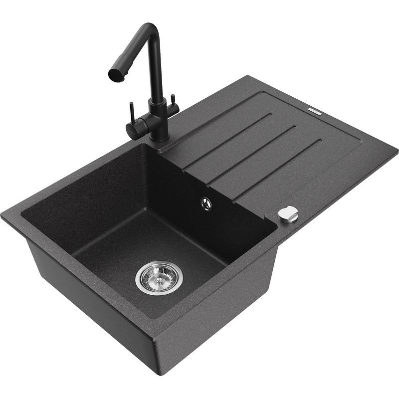 Zlewozmywak granitowy 1-komorowy Mexen Bruno z ociekaczem i baterią kuchenną Duero czarny nakrapiany 6513-76-671600-70