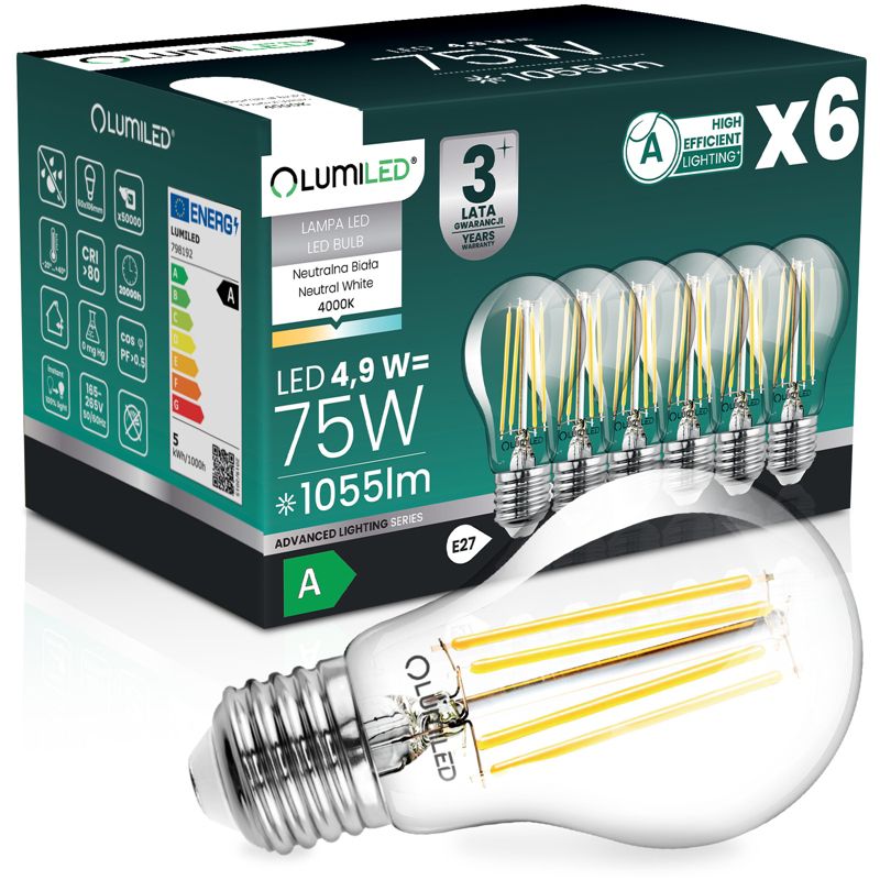Żarówka LED Lumiled E27 A60 4,9W 1055lm 4000K 360st Filament Klasa A 6 szt.