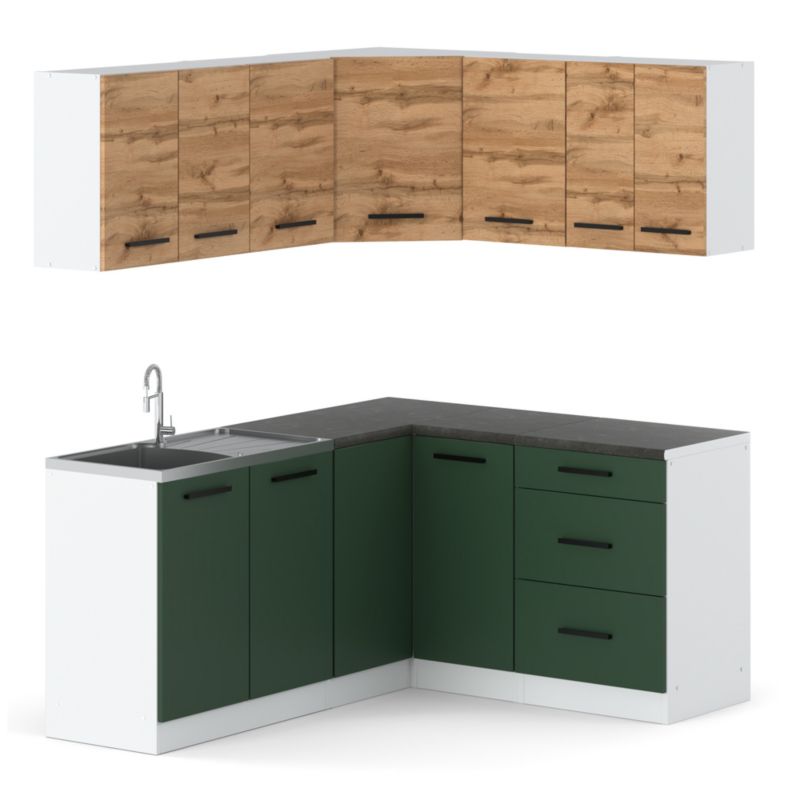 Zestaw Kuchenny Hurtownia-Mebli Z Blatem Kuchnia narożna Diana 320cm Biały Mat Dąb Wotan/Butelkowa Zieleń 320x47x145 cm 1szt.