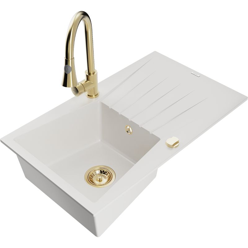 Zlewozmywak granitowy 1-komorowy Mexen Cesar z ociekaczem i baterią kuchenną Elia biały 6514-20-670101-50