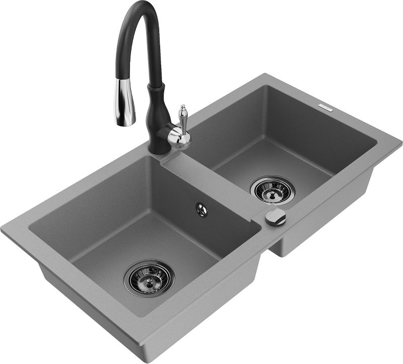 Zlewozmywak granitowy Mexen Mario 2-komorowy z baterią kuchenną Savita szary 6504-71-672601-70-B