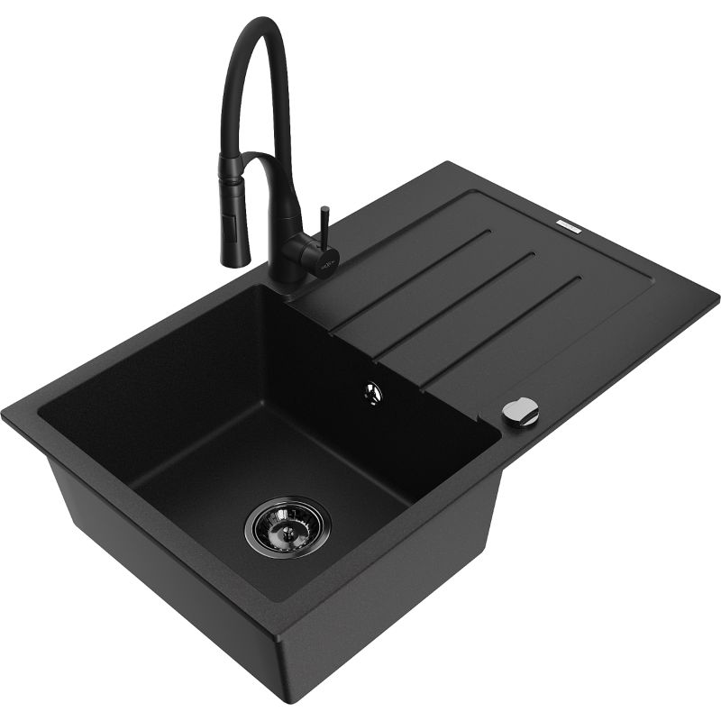 Zlewozmywak granitowy 1-komorowy Mexen Bruno z ociekaczem i baterią kuchenną Aster czarny nakrapiany - 6513-76-73450-70-B 1 szt.
