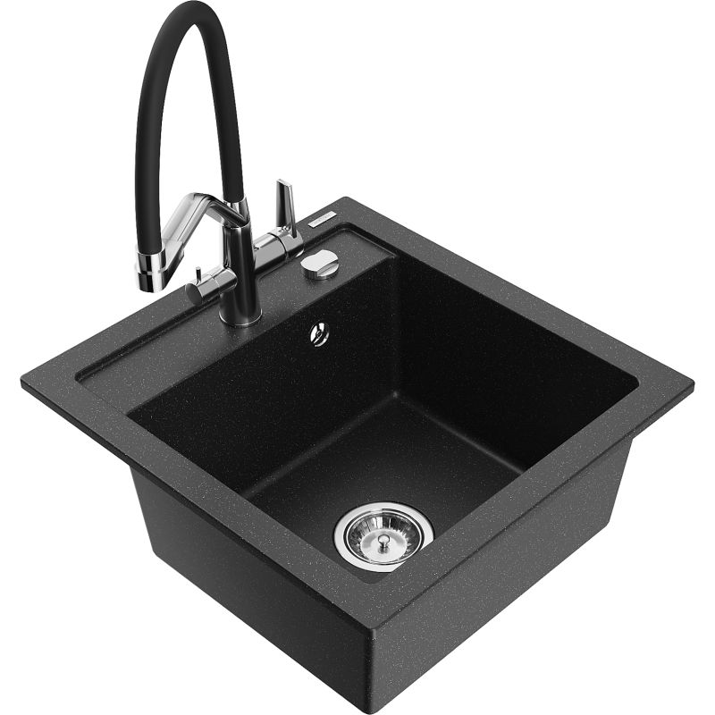 Zlewozmywak granitowy 1-komorowy Mexen Vito z baterią kuchenną Duo czarny/srebrny metalik 6503-73-671701-07