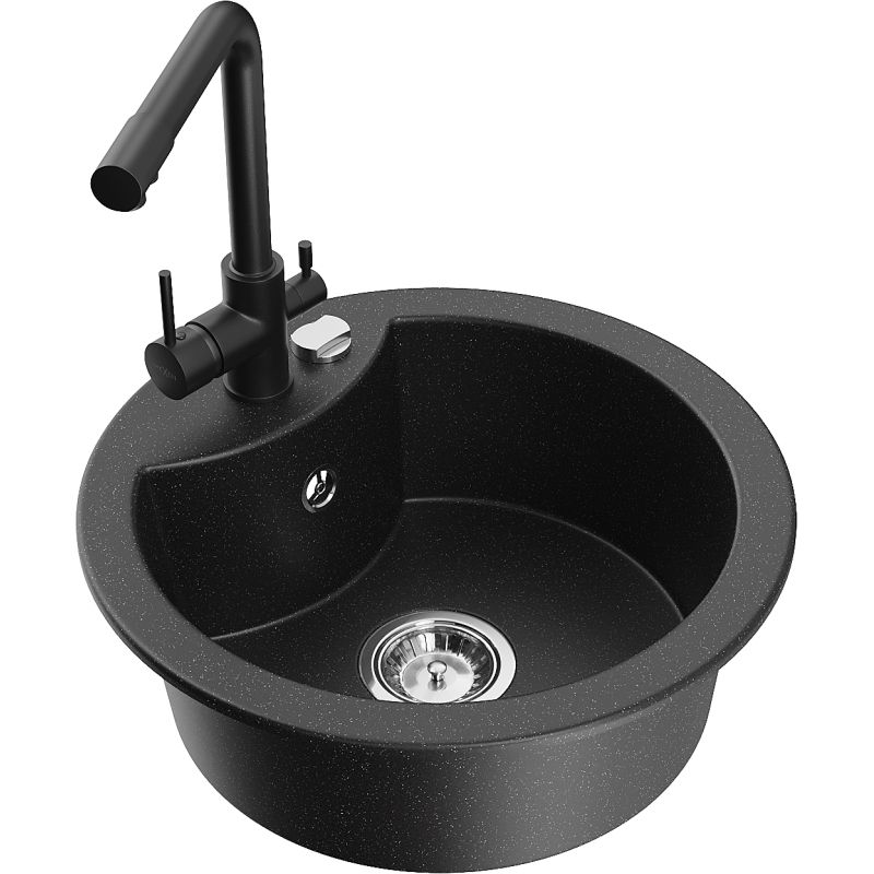 Zlewozmywak granitowy 1-komorowy Mexen Diego z baterią kuchenną Duero czarny/złoty metalik - 6512-75-671600-70 1 szt.