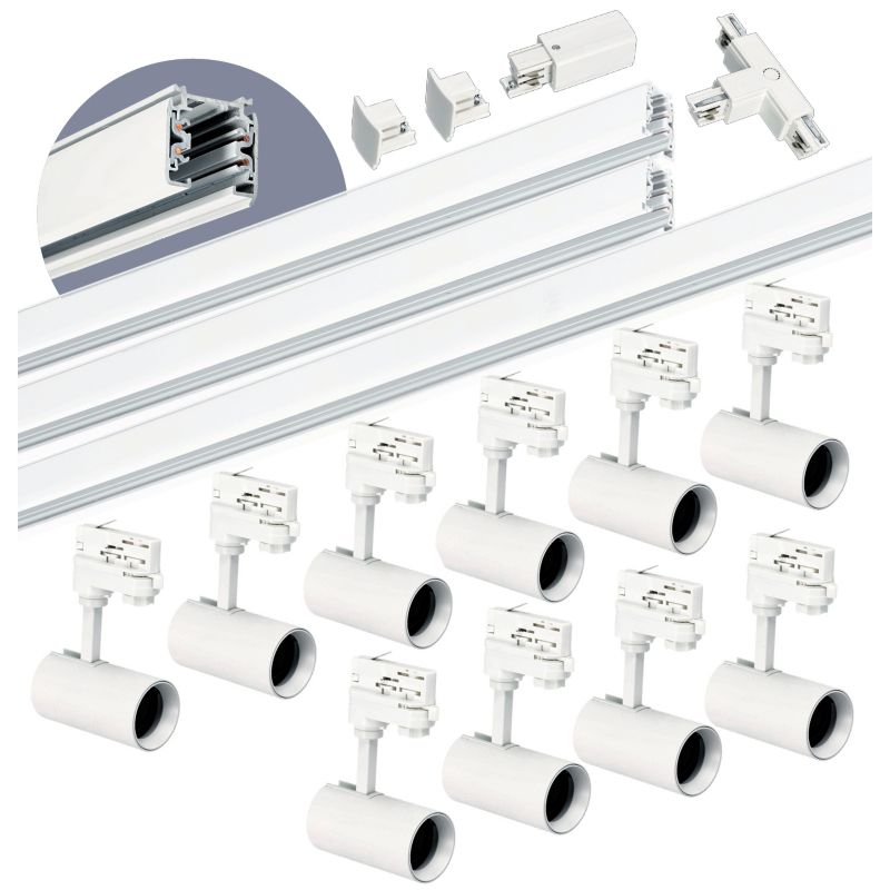 Oświetlenie szynowe 3-fazowe Kobi szyna 1m+1m+2m, 10x Lampa, łącznik T biały 1kpl.