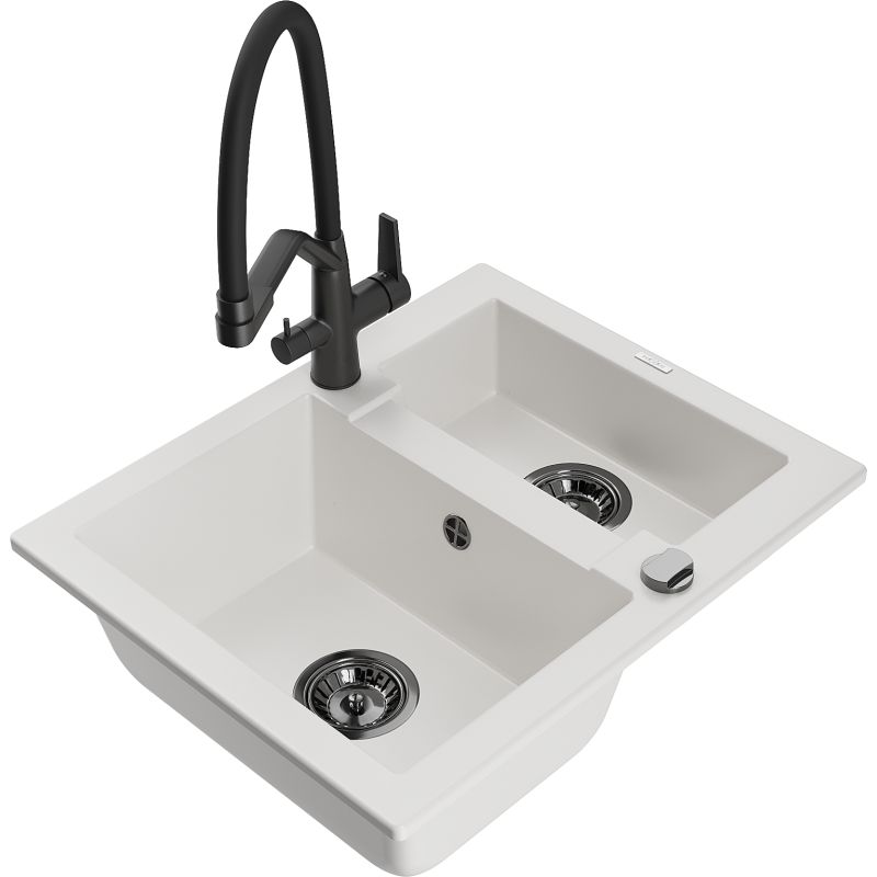 Zlewozmywak granitowy 1.5-komorowy Mexen Carlos z baterią kuchenną Duo czarny - 6518-77-671701-70-B 1 szt.