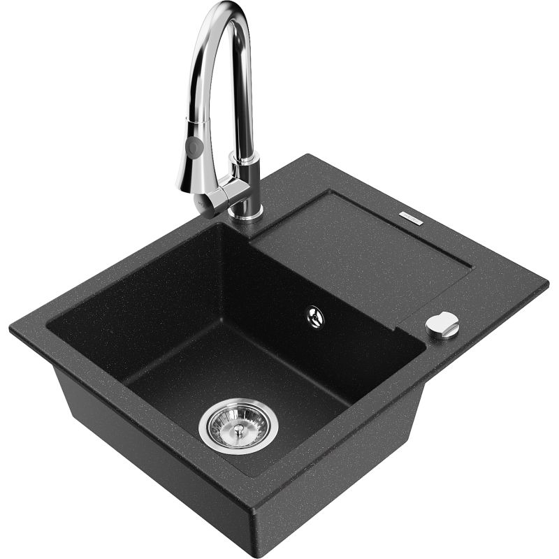 Zlewozmywak granitowy 1-komorowy Mexen Enzo z ociekaczem i baterią kuchenną Elia czarny/srebrny metalik 6506-73-670101-00