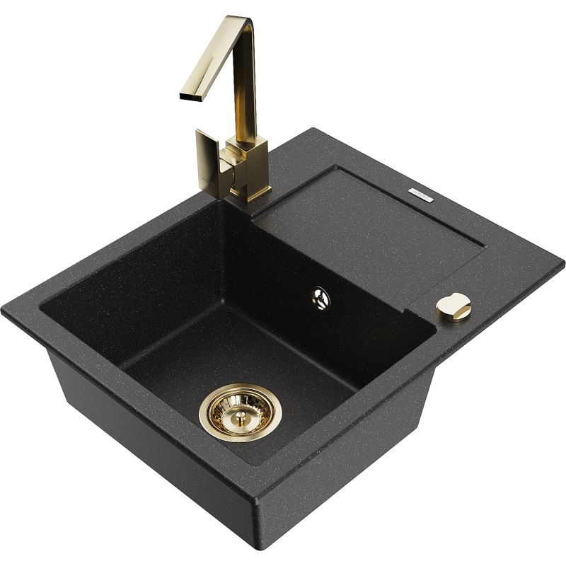 Zlewozmywak granitowy 1-komorowy Mexen Enzo z ociekaczem i baterią kuchenną Rita czarny/złoty metalik - 6506-75-670300-70 1 szt.