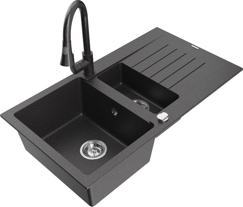Zlewozmywak granitowy Mexen Matias 1,5-komorowy z ociekaczem i baterią kuchenną Flora czarny - 6502-76-670401-75-B 1 szt.