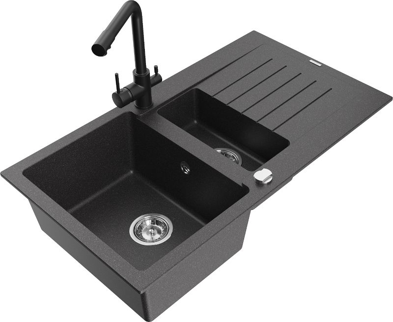Zlewozmywak granitowy Mexen Matias 1,5-komorowy z ociekaczem i baterią kuchenną Duero czarny 6502-76-671600-70