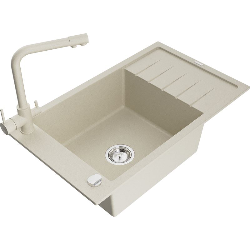 Zlewozmywak granitowy 1-komorowy Mexen Elias z ociekaczem i baterią kuchenną Duero beżowy - 6511-69-671600-00 1 szt.