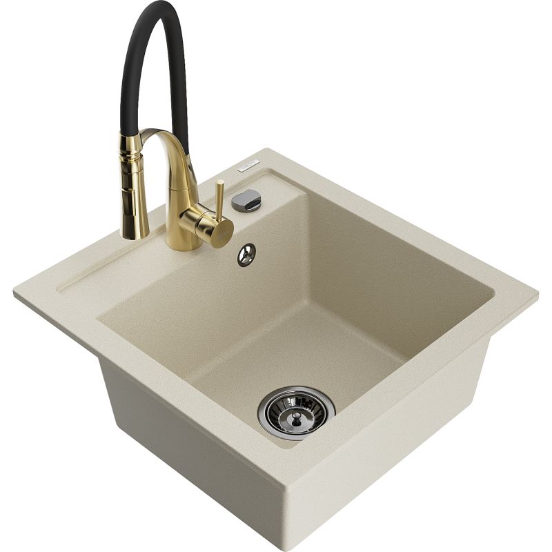 Zlewozmywak granitowy 1-komorowy Mexen Vito z baterią kuchenną Aster beżowy 6503-69-73450-57-B