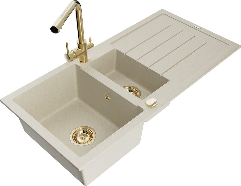 Zlewozmywak granitowy Mexen Andres 1,5-komorowy z ociekaczem i baterią kuchenną Duero beżowy 6515-69-671600-50