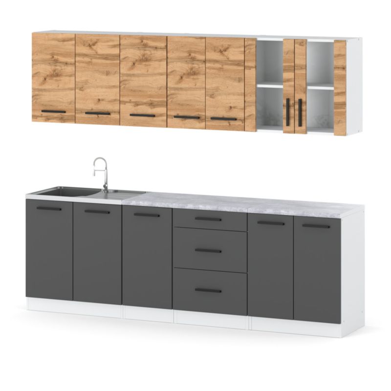 Zestaw Kuchenny Hurtownia-Mebli Z Blatem Kuchnia Remino 260cm Biały Mat Dąb Wotan/Szary Mat 260x47x145 cm 1szt.