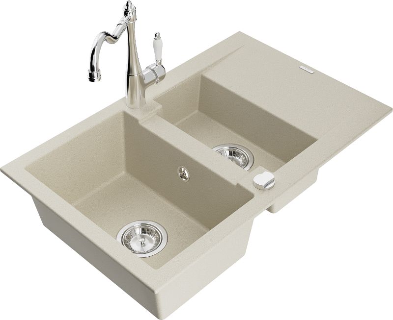 Zlewozmywak granitowy Mexen Gaspar 1,5-komorowy z ociekaczem i baterią kuchenną Carla beżowy 6507-69-670700-00