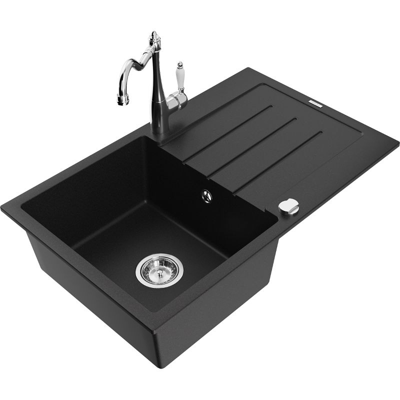Zlewozmywak granitowy 1-komorowy Mexen Bruno z ociekaczem i baterią kuchenną Carla czarny 6513-77-670700-00