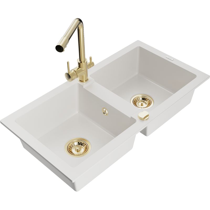 Zlewozmywak granitowy 2-komorowy Mexen Mario z baterią kuchenną Duero biały 6504-20-671600-50