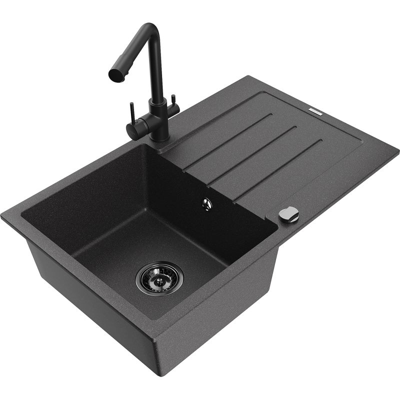 Zlewozmywak granitowy 1-komorowy Mexen Bruno z ociekaczem i baterią kuchenną Duero czarny nakrapiany 6513-76-671600-70-B