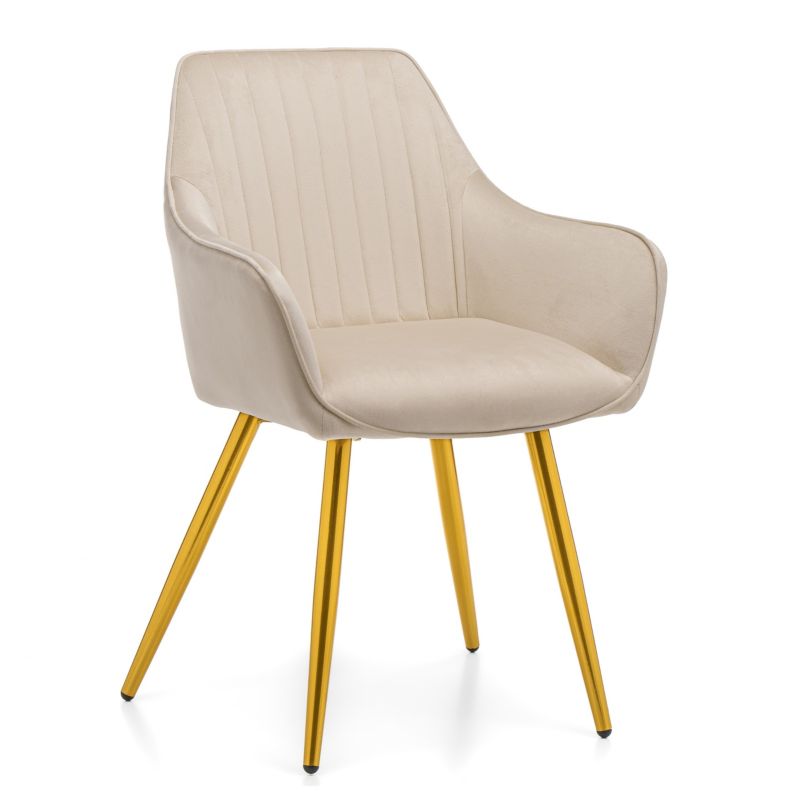 Krzesło tapicerowane New Home PASSO beżowe nogi złote pikowane welurowe z podłokietnikami 1 szt.