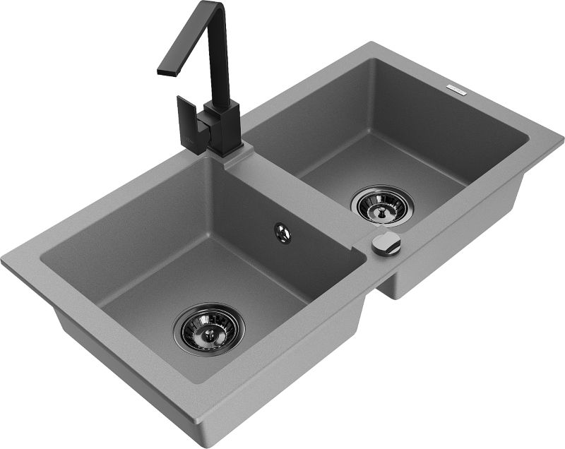 Zlewozmywak granitowy Mexen Mario 2-komorowy z baterią kuchenną Savita szary - 6504-71-672601-00 1 szt.