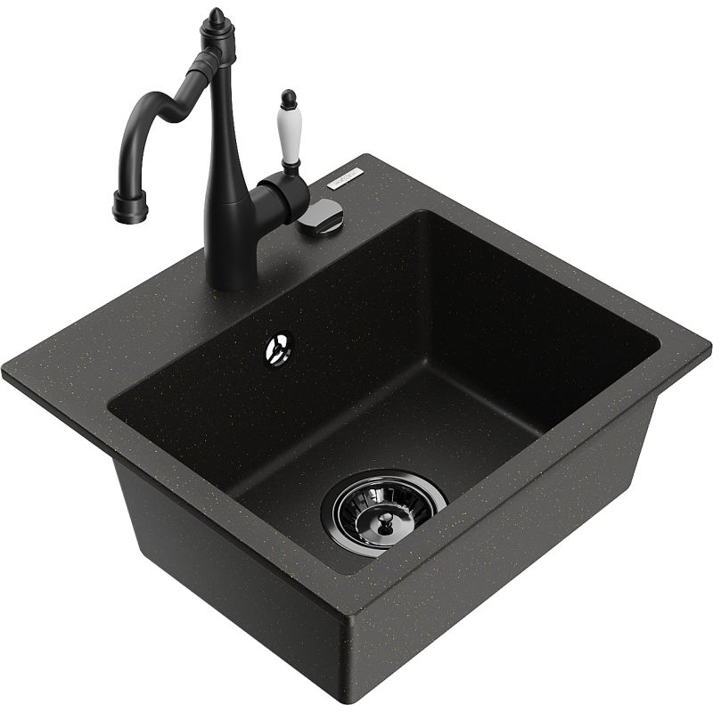 Zlewozmywak granitowy 1-komorowy Mexen Milo z baterią kuchenną Carla czarny/złoty metalik 6505-75-670700-70-B