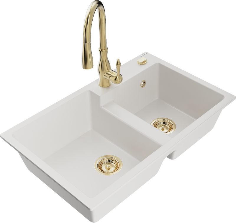 Zlewozmywak granitowy Mexen Tomas 2-komorowy z baterią kuchenną Savita biały - 6516-20-672601-00 1 szt.