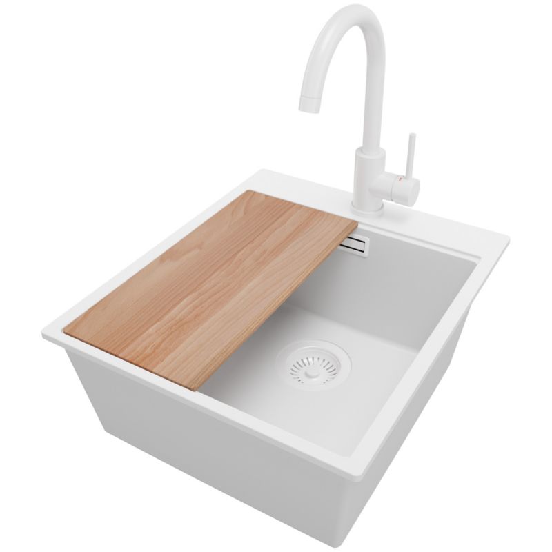 Zlewozmywak Granitowy Oslo PRIMAGRAN Nablatowy 43x50cm do szafki od 45cm, Cały Biały + Bateria + Syfon + Deska, S196, 1 szt.