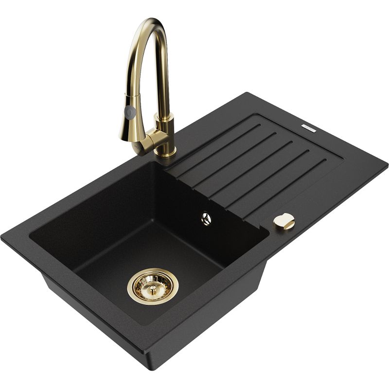 Zlewozmywak granitowy 1-komorowy Mexen Pablo z ociekaczem i baterią kuchenną Elia czarny 6510-77-670101-50