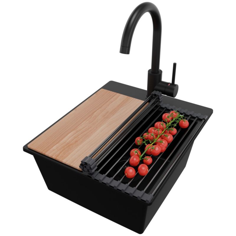 Zlewozmywak Granitowy Ryga Easy PRIMAGRAN Nablatowy 38x44cm do szafki od 40cm z Syfonem i Baterią i Dodatkiem Cały Czarny 1 szt.