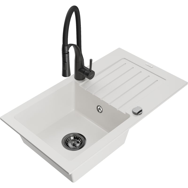 Zlewozmywak granitowy 1-komorowy Mexen Pablo z ociekaczem i baterią kuchenną Aster czarny - 6510-77-73450-70-B 1 szt.