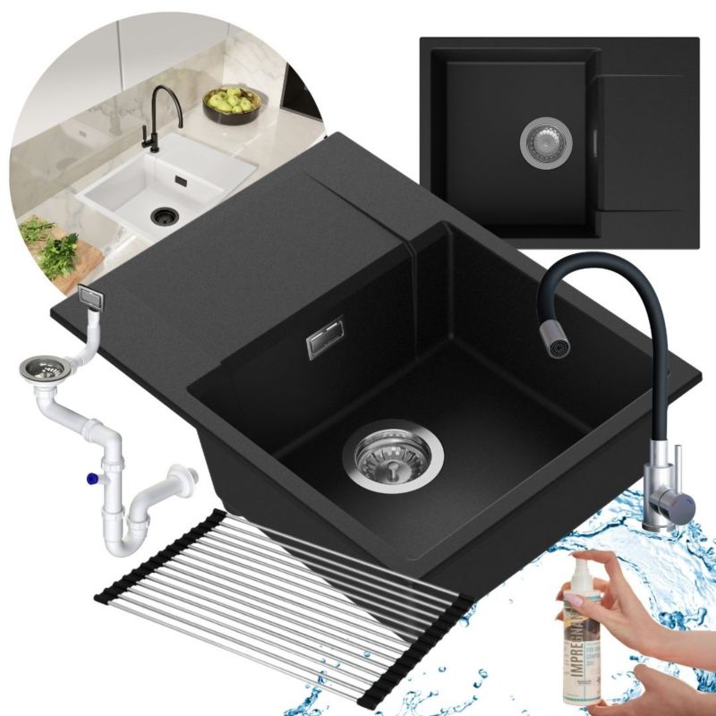 Zestaw zlewozmywak kuchenny GranMaster Modena 1komorowy z ociekaczem, impregnatem, syfon, baterią, roll matą czarny metalik 1szt.