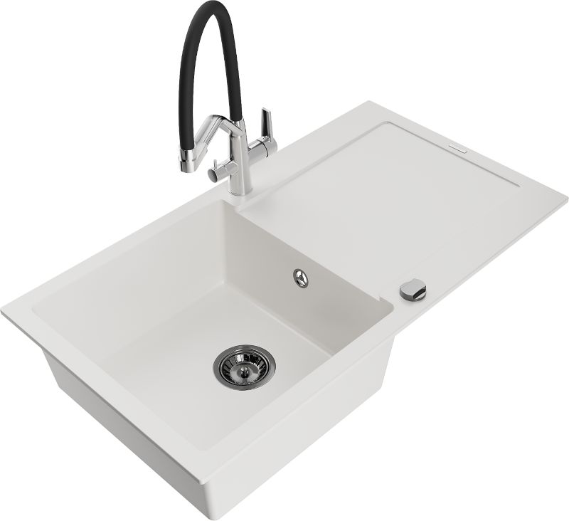 Zlewozmywak granitowy Mexen Leo 1-komorowy z ociekaczem i baterią kuchenną Duo biały - 6501-20-671701-07 1 szt.