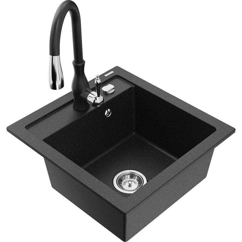 Zlewozmywak granitowy 1-komorowy Mexen Vito z baterią kuchenną Savita czarny/złoty metalik - 6503-75-672601-00 1 szt.