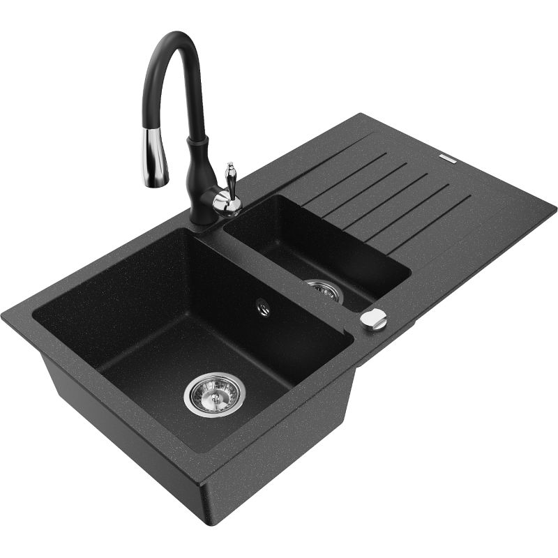 Zlewozmywak granitowy 1.5-komorowy Mexen Matias z ociekaczem i baterią kuchenną Savita czarny/srebrny 6502-73-672601-70