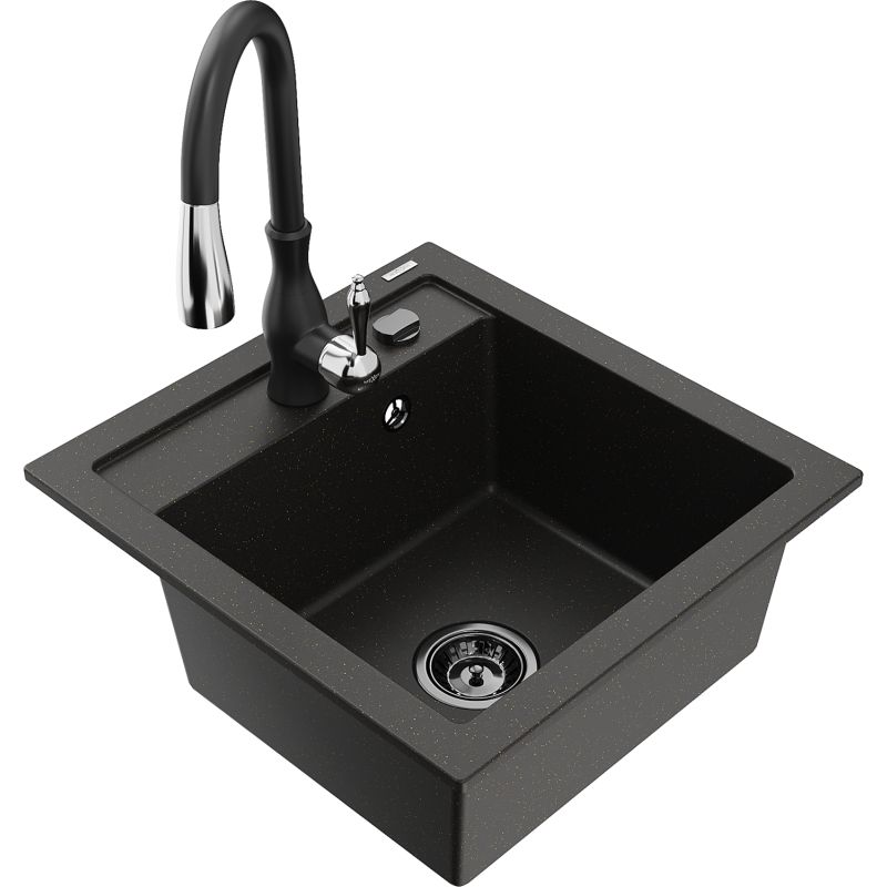 Zlewozmywak granitowy 1-komorowy Mexen Vito z baterią kuchenną Savita czarny/złoty metalik 6503-75-672601-70-B