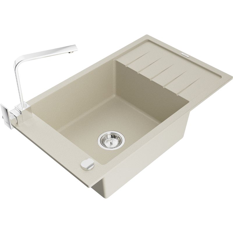 Zlewozmywak granitowy 1-komorowy Mexen Elias z ociekaczem i baterią kuchenną Rita biały - 6511-20-670300-70 1 szt.