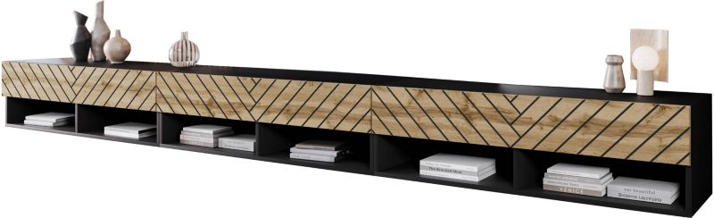 Szafka RTV MINIO go for it ANNE 300 cm czarny/dąb wotan z wzorem jodełki M7 z oświetleniem LED 1 szt.