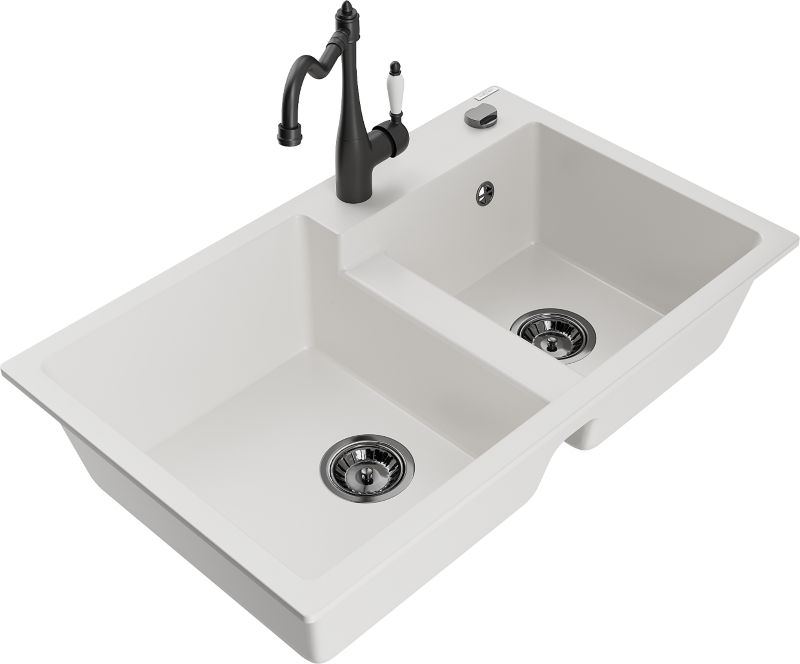 Zlewozmywak granitowy Mexen Tomas 2-komorowy z baterią kuchenną Carla biały - 6516-20-670700-20 1 szt.
