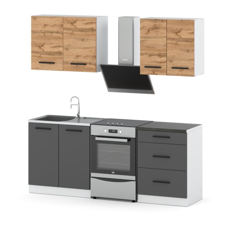 Zestaw Kuchenny Hurtownia-Mebli Z Blatem Kuchnia Mini Mokka 200cm Biały Mat Dąb Wotan/Szary Mat 200x47x145 cm 1szt.