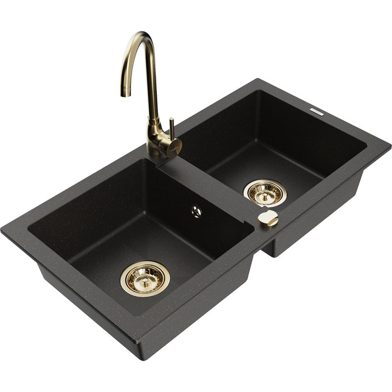 Zlewozmywak granitowy 2-komorowy Mexen Mario z baterią kuchenną Telma czarny/złoty 6504-75-670200-50