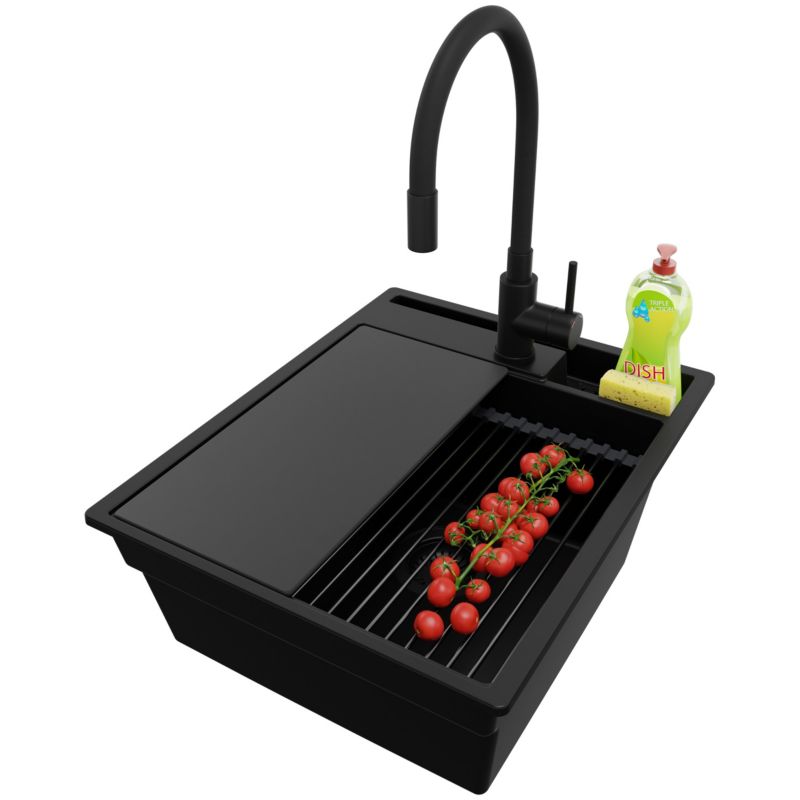 Zlewozmywak Granitowy Oslo Pocket PRIMAGRAN Nablatowy 43x53cm, Cały Czarny + Bateria + Syfon + Akcesorium, S120, 1 szt.