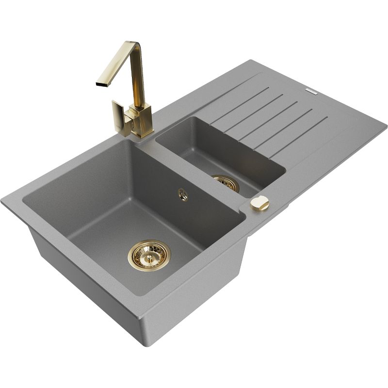 Zlewozmywak granitowy 1.5-komorowy Mexen Matias z ociekaczem i baterią kuchenną Rita szary 6502-71-670300-50